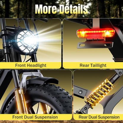 Electric Bike for Adults, Peak 1500W Motor Retro E Bike, Range 65/120Miles, 48V 15Ah Removable Battery, 20"x4" Fat Tires, Full Suspension, APP Control, Off-Road Ebike for City Commuting