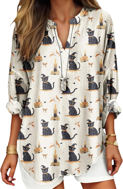 Womens Bohemian Print Tunic Top Cotton Blend V Neck Long Sleeve Loose Fit Casual Blouse for Summer Beach Vacation