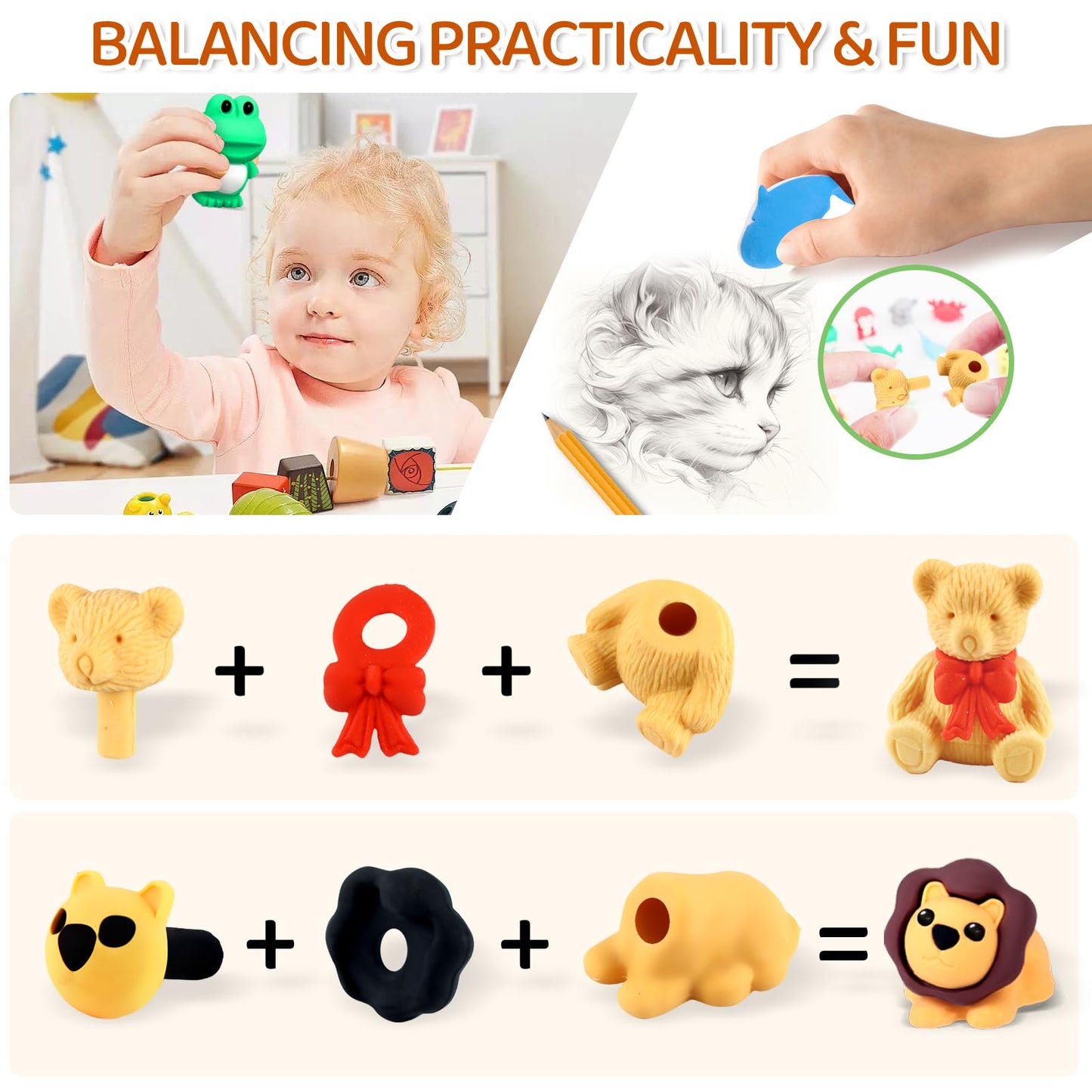 URSKYTOUS 60Pcs Animal Erasers Desk Pets for Kids,Classroom Prizes | Bulk Puzzle Erasers Toys,Party Favors,Back to School,Treasure Chest,Goodie Bag Stuffers,Easter Egg Fillers,Stocking Stuffers