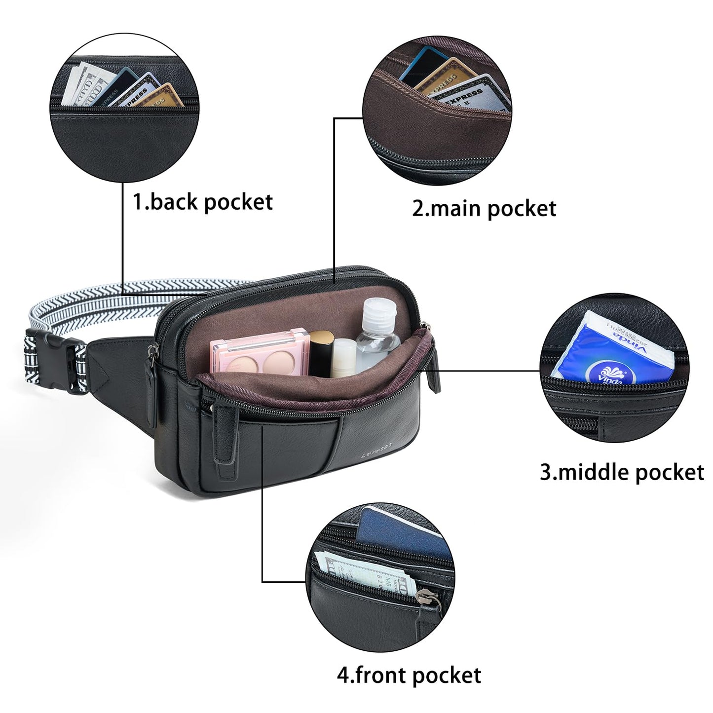 Leresas Fanny Packs for Women Vegan Leather Belt Bag Chic Cross Body Waist Pack Waist Purse for Travel Hiking Running Brown