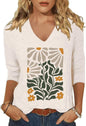 Womens V Neck Flowers Shirts Boho Floral Printed T-Shirt Vintage Graphic Tee Summer Casual Cute 3/4 Sleeve Tops