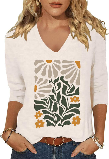 Womens V Neck Flowers Shirts Boho Floral Printed T-Shirt Vintage Graphic Tee Summer Casual Cute 3/4 Sleeve Tops
