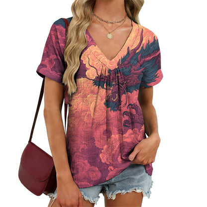 domirica Japanese Print Blouse Women V Neck Short Sleeve Lightweight Breathable Summer Casual Soft Comfy Tops 2026