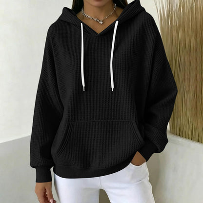 Women Casual Waffle Grid Textured Pullover Hoodie Contrast Drawstring Pocket Loose Long Sleeve Sweatshirts