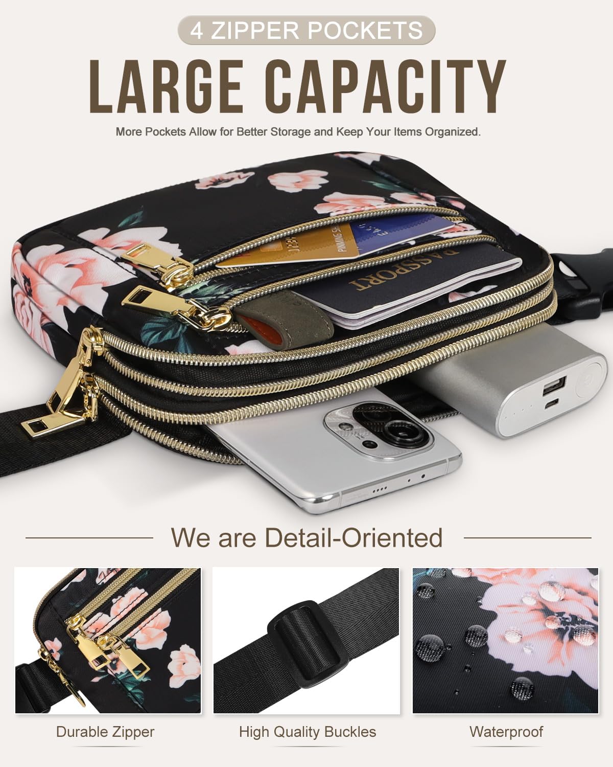 Capolo Fanny Packs for Women Fashion Waist Packs Bag with Adjustable Strap and 4 Zipper Pockets Waterproof Everywhere Crossbody Belt Bag for Workout Running Travelling(Black)