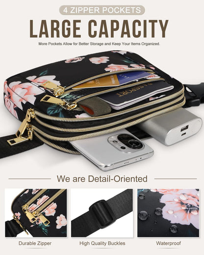 Capolo Fanny Packs for Women Fashion Waist Packs Bag with Adjustable Strap and 4 Zipper Pockets Waterproof Everywhere Crossbody Belt Bag for Workout Running Travelling(Black)