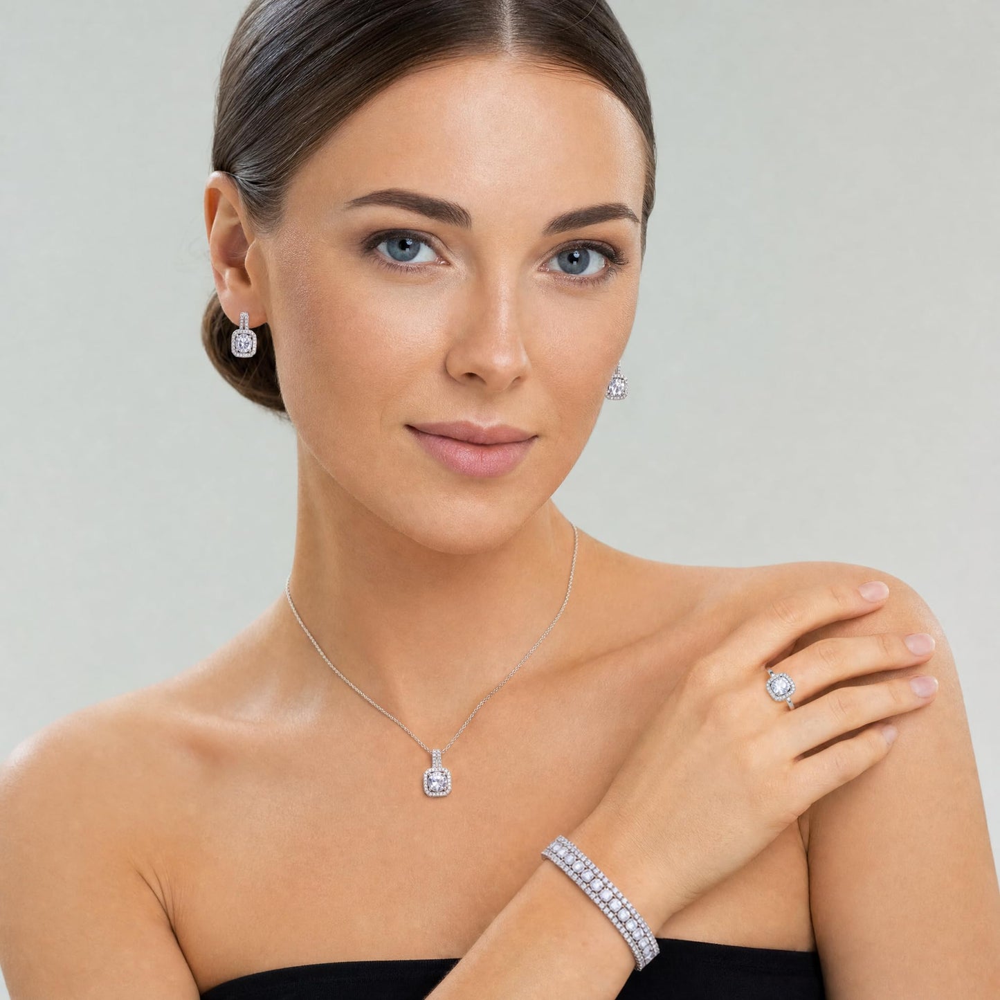 Paxuan 4pcs Cubic Zirconia Wedding Jewelry Sets for Bride Bridesmaid Cubic Zirconia Pendant Necklace Earrings Link Tennis Bracelet Open Ring Set for Women