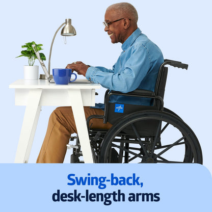 Medline Comfortable Folding Wheelchair with Swing-Back Desk-Length Arms and Swing-Away Footrests, 16”W x 16”D Seat