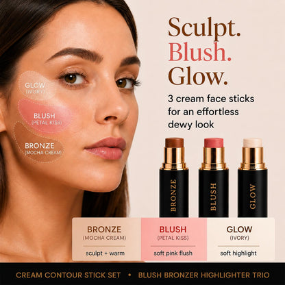 Cream Contour Stick Set – Blush, Bronzer & Highlighter Trio | Hydrating, Buildable, High-Pigment Makeup with Shea Butter & Vitamin E | Phoenix Beauty Gift Set (Enchanted)