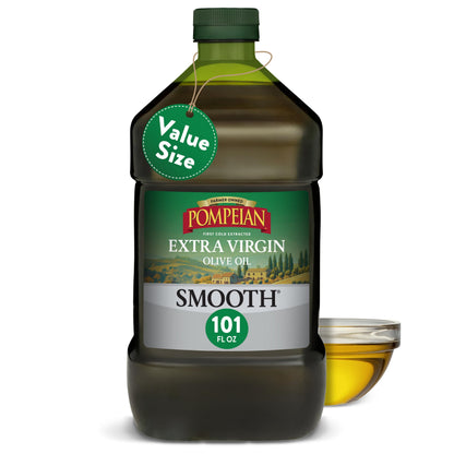 Pompeian Smooth Extra Virgin Olive Oil - 68 fl oz (2 L) First Cold Pressed Olive Oil for Cooking - Smooth Taste for Sauteing, Stir-Frying, and Baking - Value Size