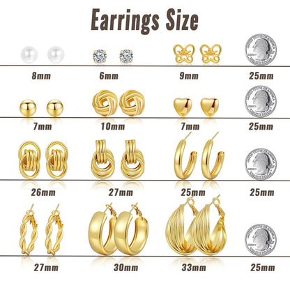 12 Pairs Chunky Gold Hoop Earrings for Women Trendy, Gold Plated Lightweight Hypoallergenic Stack, Thick Open Twisted Huggie Hoops Earring Set