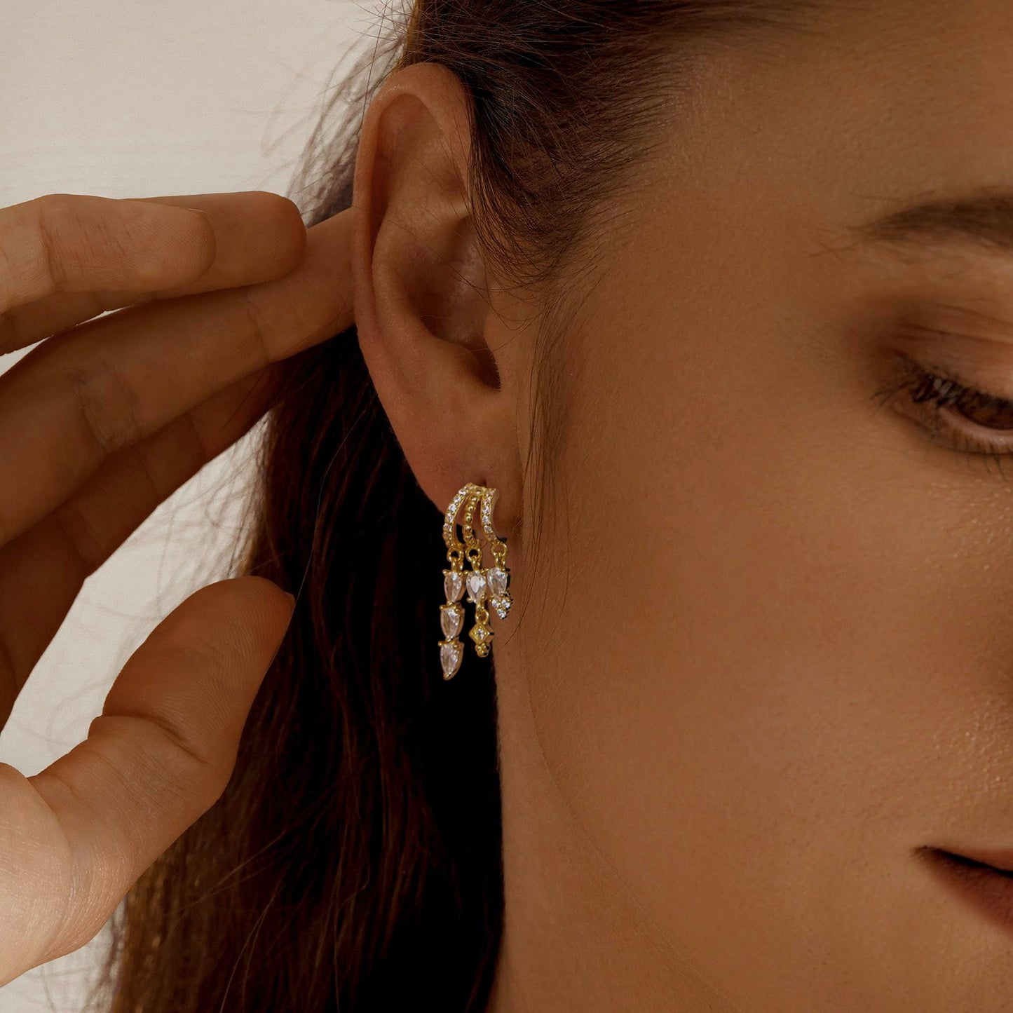 Gold Dangle Earrings for Women,Dainty 14K Gold Plated Triple Huggie Hoop Earrings Cute Statement Drop Earrings for Women Trendy Hypoallergenic CZ Gold Earrings Non Tarnish Wedding Prom Jewelry