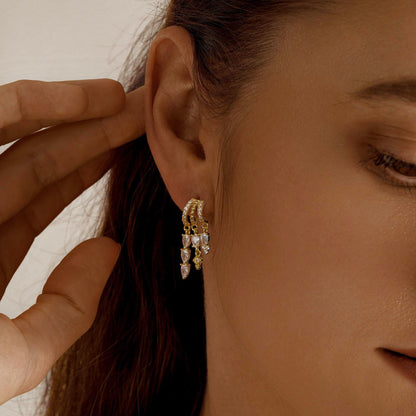 Gold Dangle Earrings for Women,Dainty 14K Gold Plated Triple Huggie Hoop Earrings Cute Statement Drop Earrings for Women Trendy Hypoallergenic CZ Gold Earrings Non Tarnish Wedding Prom Jewelry