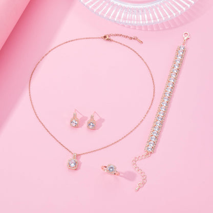 Paxuan 4pcs Cubic Zirconia Wedding Jewelry Sets for Bride Bridesmaid Cubic Zirconia Pendant Necklace Earrings Link Tennis Bracelet Open Ring Set for Women