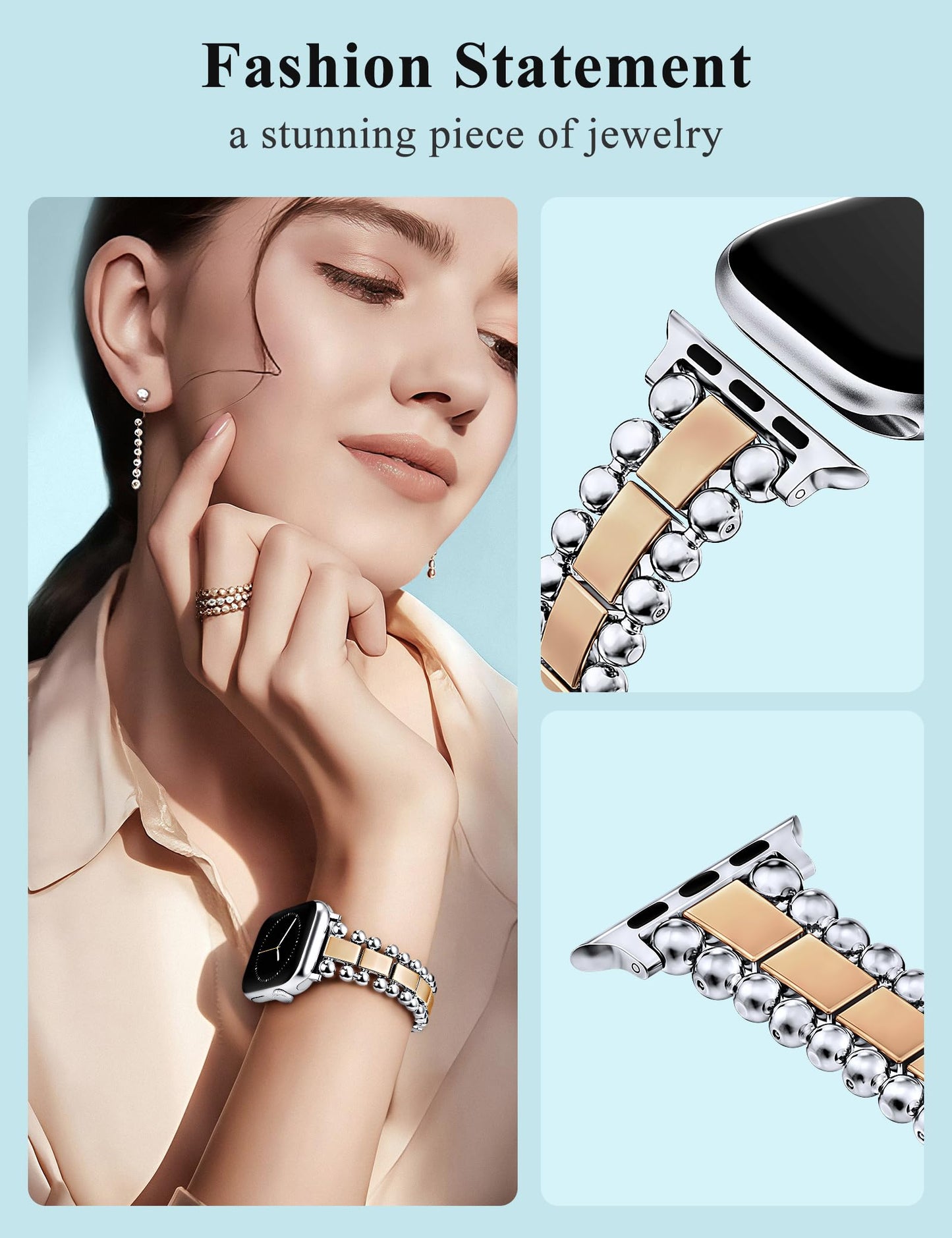TOYOUTHS Beaded Bracelet Compatible with Apple Watch Bands 38/40/41/42/44/45/46/49mm Women, Dressy Fancy Stainless Steel Metal Elegant Jewelry Strap for iWatch Series 11 10 9 8 7 6 5 4 Ultra/SE 3 2 1
