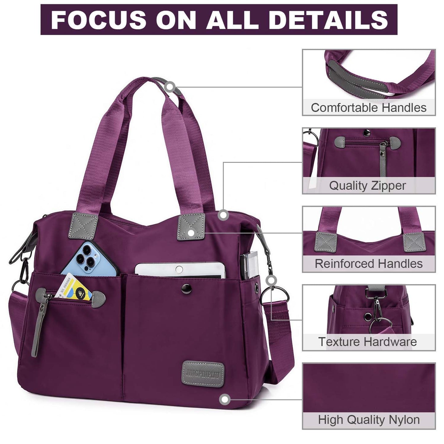 Tote Bag for Women,Multi Pockets Shoulder Handbag,Nurse Bag for Work,Large Cross body Purse,Fashion Nylon Top Handle Satchel