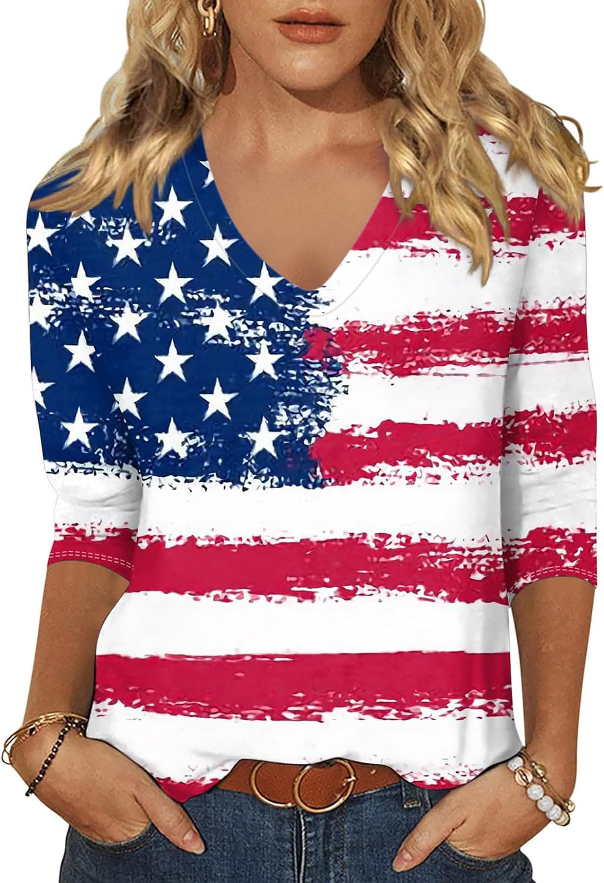 Womens V Neck Flowers Shirts Boho Floral Printed T-Shirt Vintage Graphic Tee Summer Casual Cute 3/4 Sleeve Tops