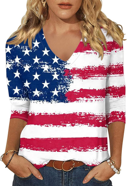 Womens V Neck Flowers Shirts Boho Floral Printed T-Shirt Vintage Graphic Tee Summer Casual Cute 3/4 Sleeve Tops
