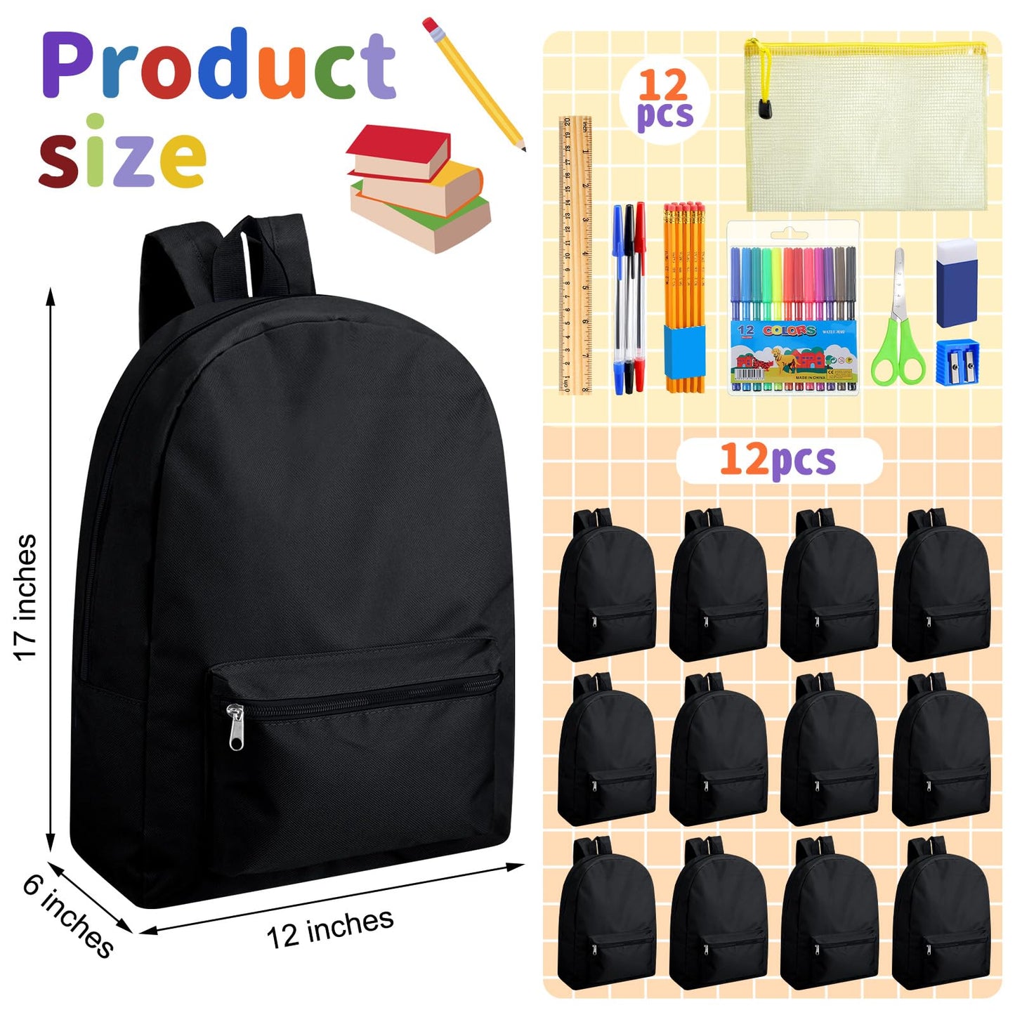Silkfly 12 Pcs 17" Backpacks with 144 Pcs School Supplies Kits Includes Markers Scissors Rulers Sharpeners Ballpoint Pens Erasers Pencil Cases Pencils for Elementary Middle High School