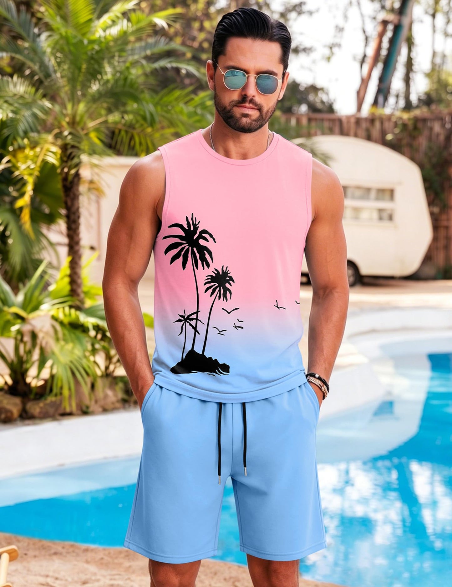 LecGee Men's 2 Piece Hawaiian Tank Tops Tropical Floral Beach Sleeveless Round neck T-shirt Casual Daily Beach Summer