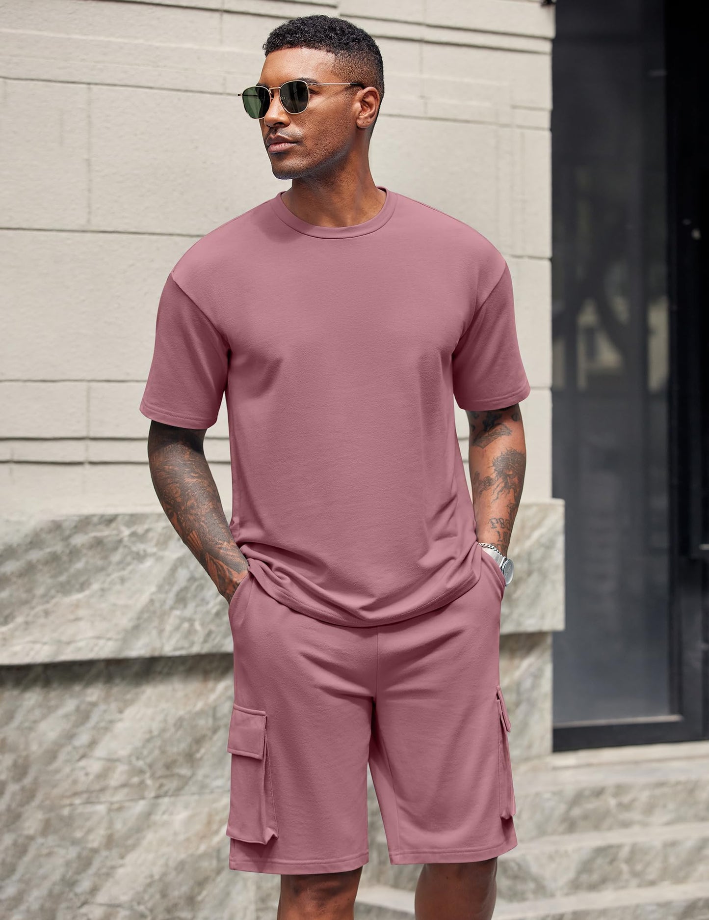 COOFANDY Men's Shirt and Shorts Set 2 Piece Fashion Summer Tracksuits Cotton Oversized T-Shirts Cargo Shorts Outfits