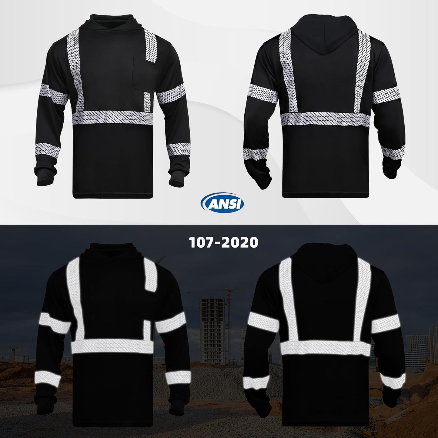 High Visibility Hoodies for Men,Safety Reflective Long Sleeve ANSI Class 3 Hi Vis Construction Work Shirts with Hood