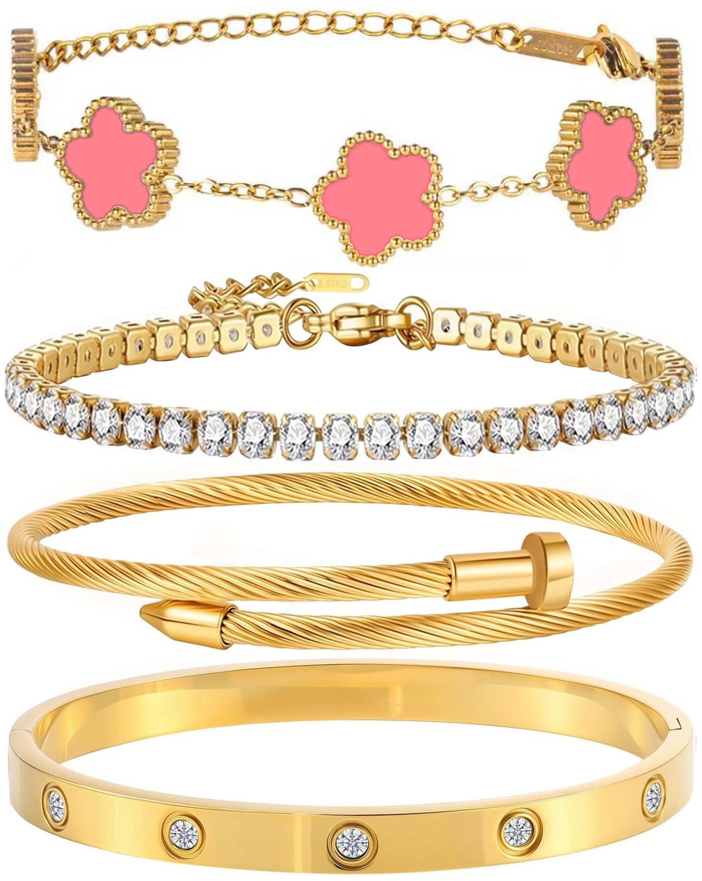 18K Gold Plated Bangle Bracelet Set for Women Stackable Lucky Floral Adjustable Tennis Bracelet Non Tarnish Gift Jewelry for Christmas Valentines Birthday Mother's Day