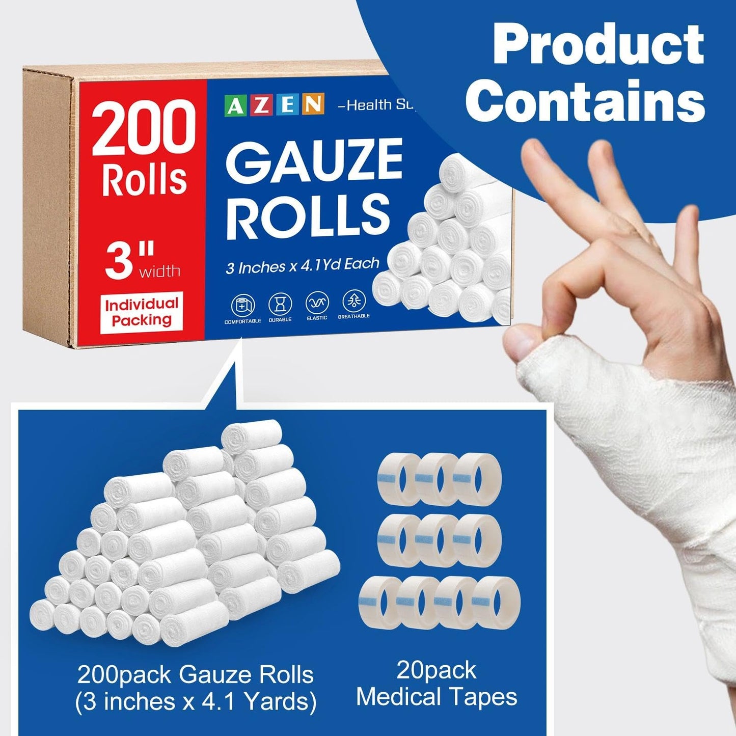 AZEN 25 Pack Gauze Rolls Bandages, 3 in x 4.1 Yards, Premium Medical Supplies & First Aid Supplies, Bandage Wrap Vet Wrap, Mummy Wraps