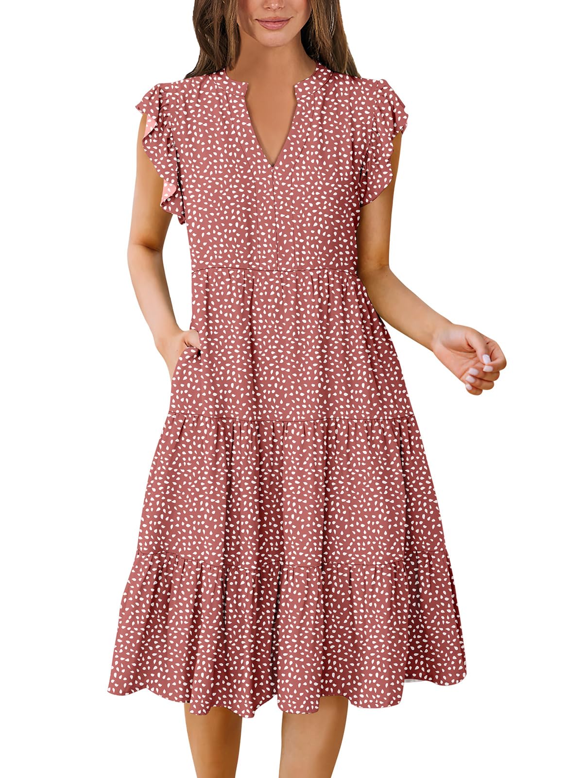 ANRABESS Womens Summer Dress Ruffle Sleeve V Neck Midi Dresses Fashion Casual Fit Flowy Tiered Boho Beach Vacation Sundress