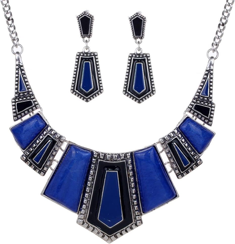 YAZILIND Vintage Ethnic Tibetan Silver Irregular Rhinestone Bib Collar Earrings Necklace Jewelry Set