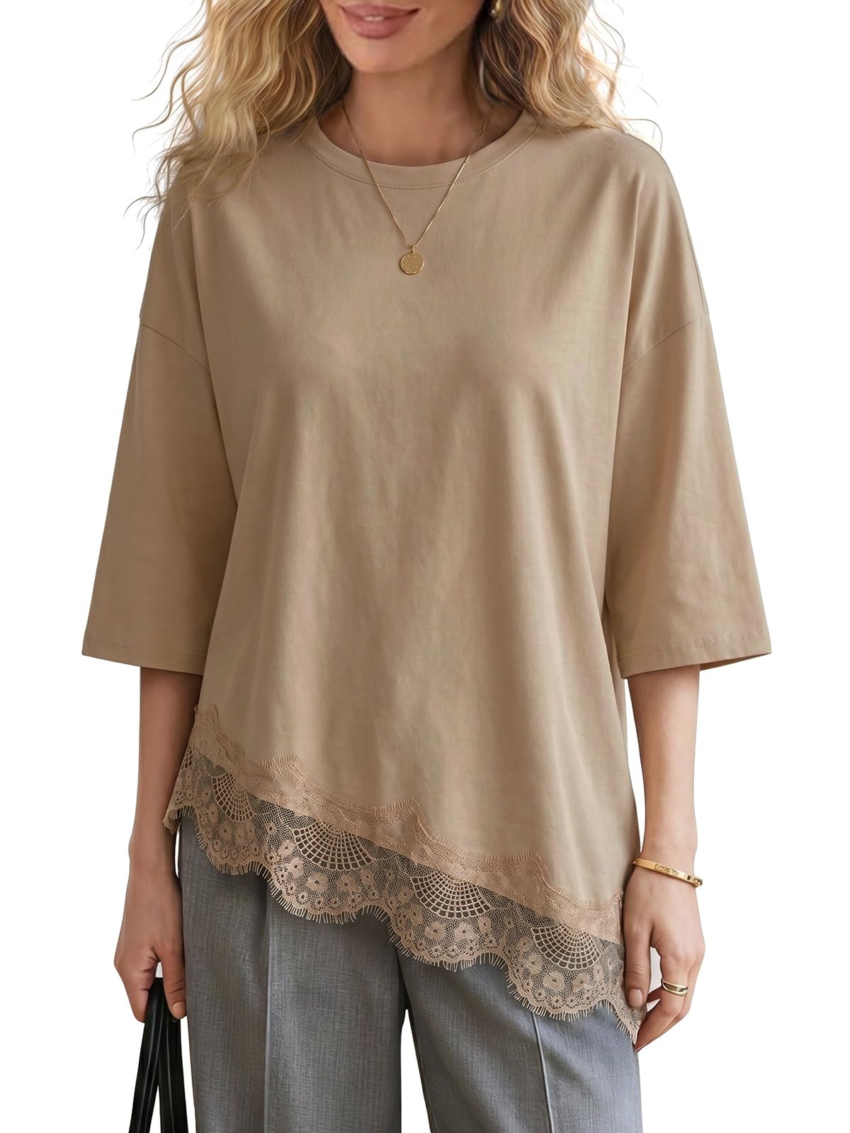 EXLURA Womens Summer Oversized Lace Trim T Shirts 2026 Casual Half Sleeve Asymmetrical Hem Tops Loose Crewneck Tunic Blouse