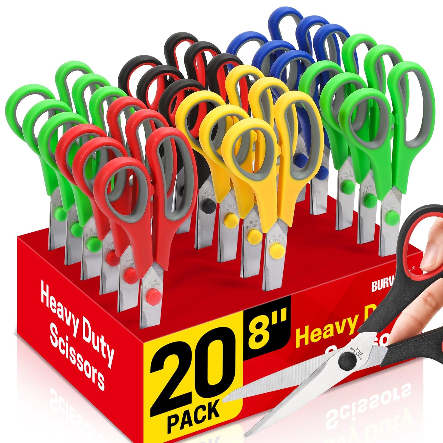 BURVAGY 8" 10 Pack All Purpose Heavy Duty Scissors- Comfort-Grip Sharp Scissors for Office School Sewing Fabric Craft High/Middle School Student Teacher Scissor, Right/Left Hand