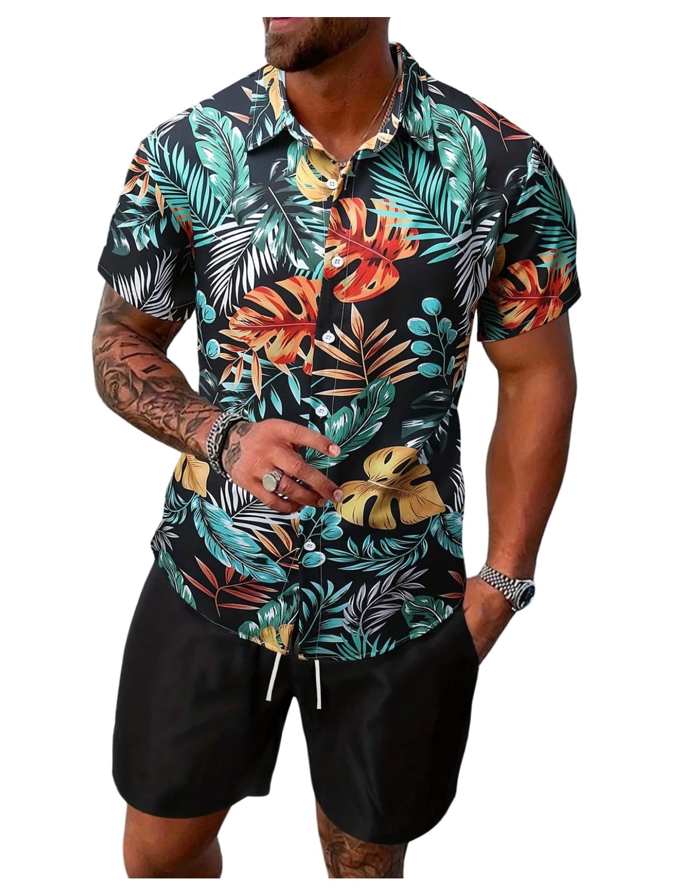 GORGLITTER Men's Vacation Beach Cruise Summer Outfits 2 Piece Shorts Set Hawaiian Button Down Shirt and Shorts