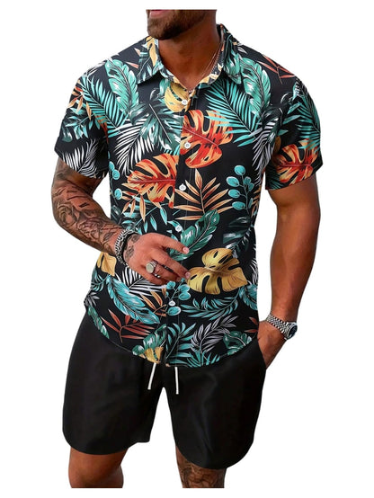 GORGLITTER Men's Vacation Beach Cruise Summer Outfits 2 Piece Shorts Set Hawaiian Button Down Shirt and Shorts
