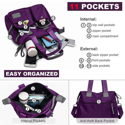 Tote Bag for Women,Multi Pockets Shoulder Handbag,Nurse Bag for Work,Large Cross body Purse,Fashion Nylon Top Handle Satchel