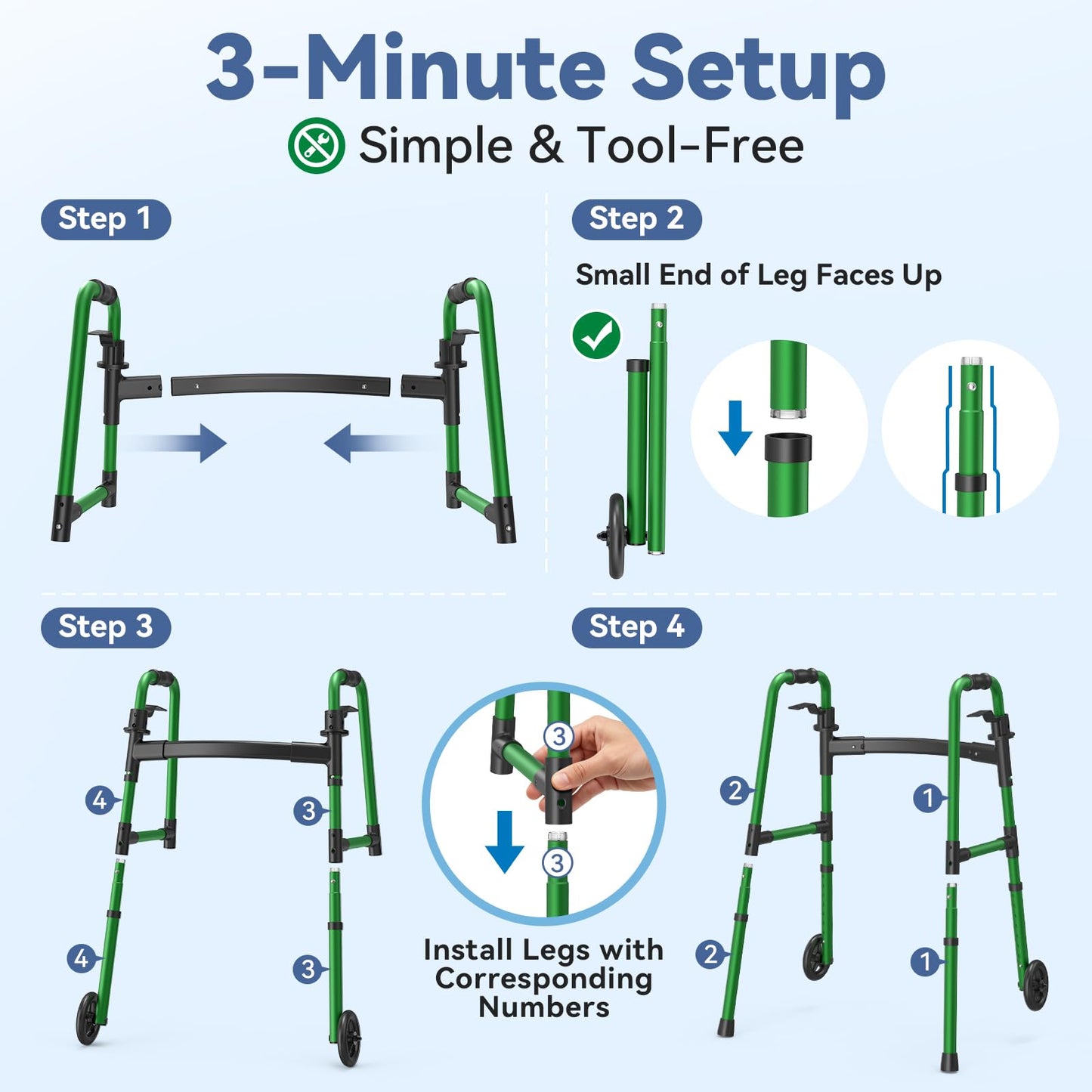 Loyoda Folding Walker with 2 Skis and 5" Wheels, Lightweight Walkers for Seniors and Adults, Supports Up to 350 Pounds, Adjustable Height, Compact Standard Walker, Black
