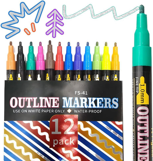 Marker Pen for Highlight,Dual-Line Highlighter Outline Marker Set, Metallic Paint Markers for Black Paper Pens Glitter Markers Scrapbook Supplies (12 Colors)