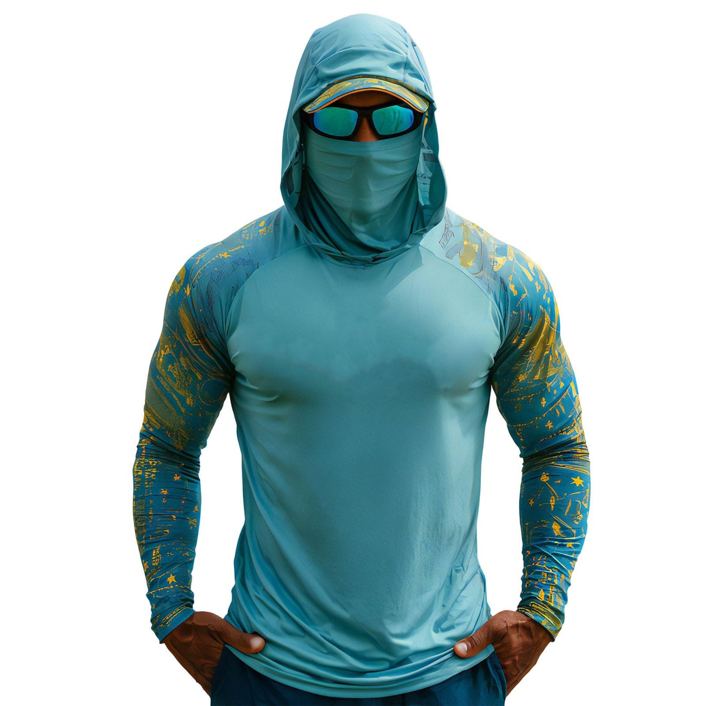 Sun Protection Shirts for Men UPF 100+ Long Sleeve Hoodie with Mask Shirts | Camouflage Outdoor Fishing Tees Cooling Raglan Shirts