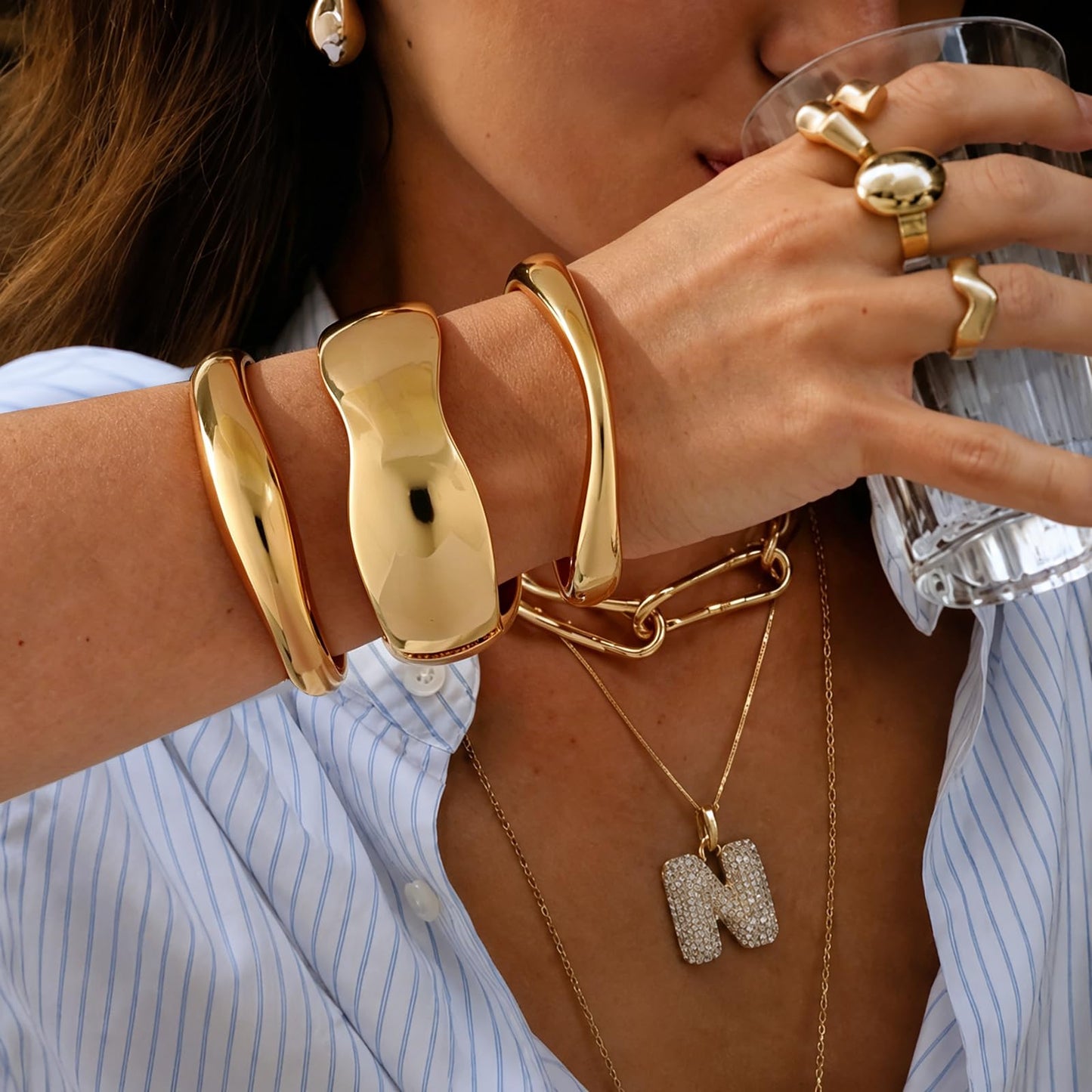 Chunky Gold Bangle Bracelets for Women Trendy 14K Gold Plated Cuff Bracelets Stack, Dainty Gold Bracelet Sets Non Tarnish Fashion Jewelry Gift