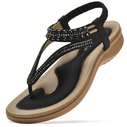 Littleplum Womens Sandals Arch Support Slingback Rhinestone Dressy Sandals Comfort Summer Shoes Ankle Strap Elastic Flats for Beach Walking