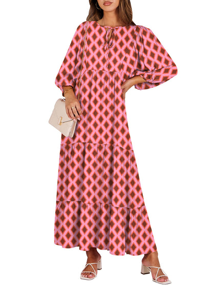 ANRABESS Womens Boho Floral 3/4 Puff Sleeve Maxi Dress | Tiered Flowy Loose Fit, Comfy Soft Rayon Fabric, Wedding Guest Church Beach, Modest Elegant, Spring Summer Fall Outfits
