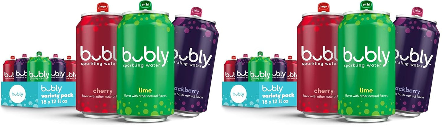 bubly Sparkling Water, 6 Flavor Variety Pack (Blackberry, Lime, Cherry, Grapefruit, Strawberry, Mango), Zero Sugar & Zero Calories, Seltzer Water, 12 Fl Oz Cans (Pack of 18)