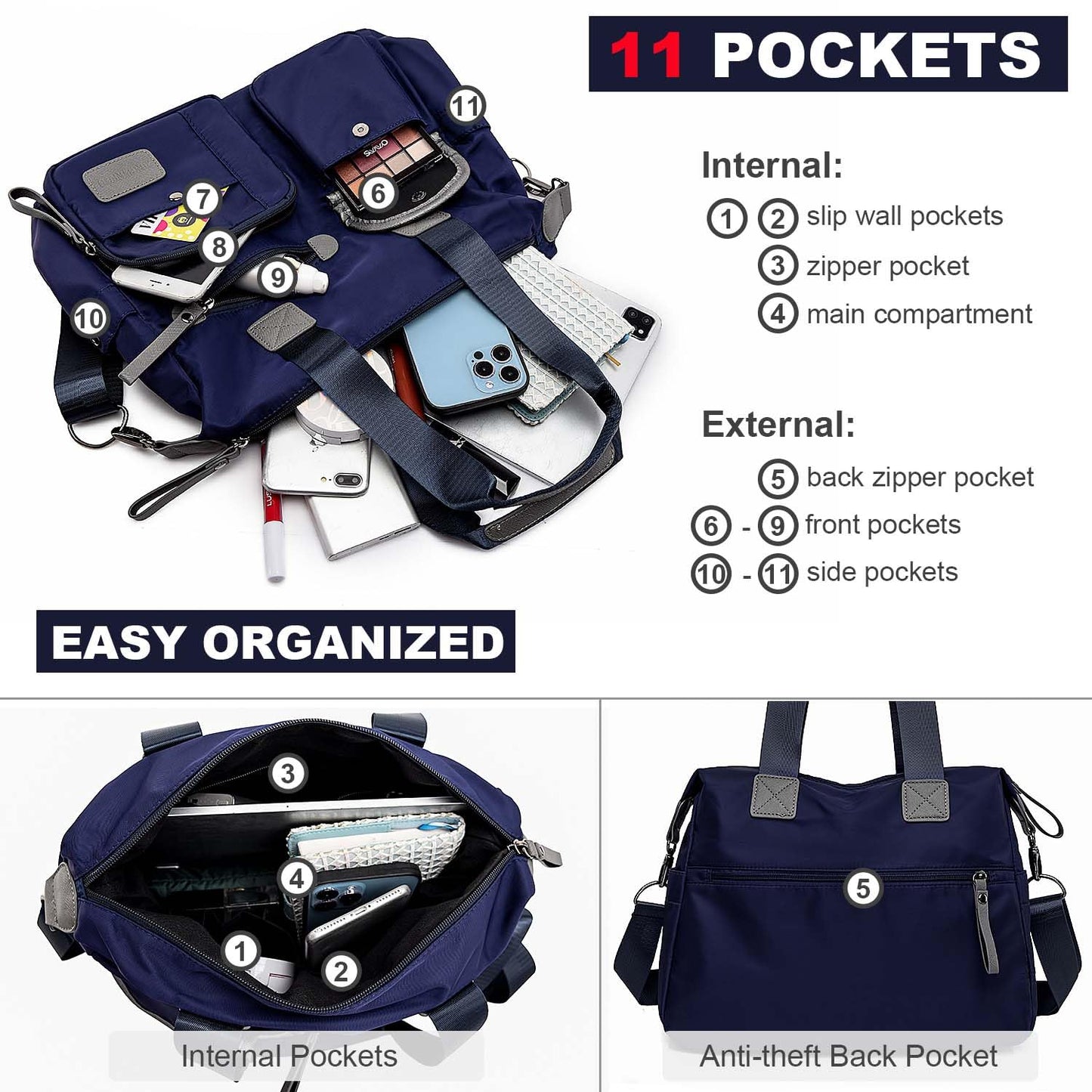 Tote Bag for Women,Multi Pockets Shoulder Handbag,Nurse Bag for Work,Large Cross body Purse,Fashion Nylon Top Handle Satchel