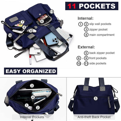 Tote Bag for Women,Multi Pockets Shoulder Handbag,Nurse Bag for Work,Large Cross body Purse,Fashion Nylon Top Handle Satchel