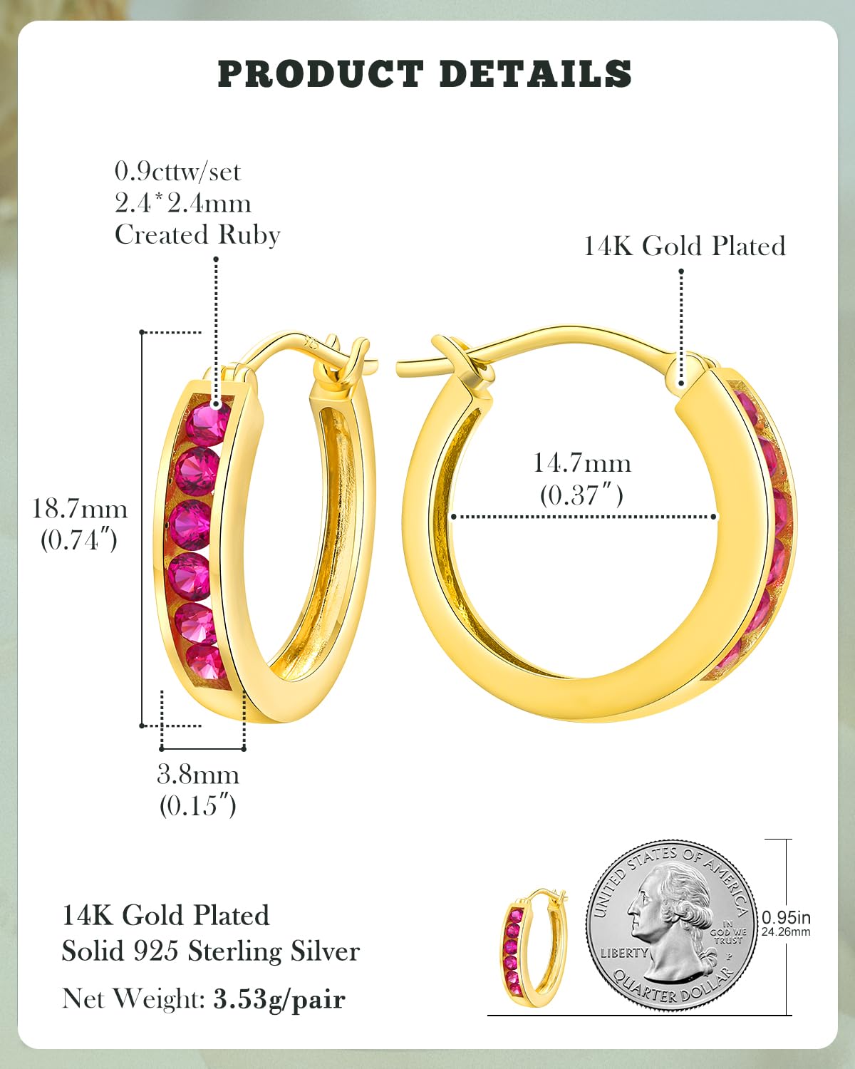 14K Gold Plated/925 Sterling Silver Birthstone Hoop Earrings for Women | 18mm Created Gemstone Hoops,Hypoallergenic and Lightweight,Birthday Mother's Day Jewelry(with Gift Box)