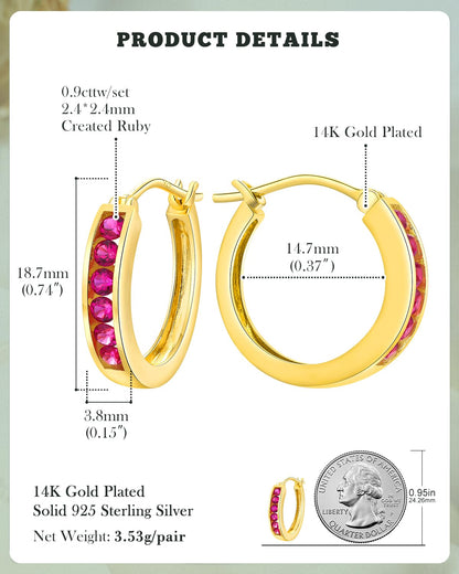 14K Gold Plated/925 Sterling Silver Birthstone Hoop Earrings for Women | 18mm Created Gemstone Hoops,Hypoallergenic and Lightweight,Birthday Mother's Day Jewelry(with Gift Box)