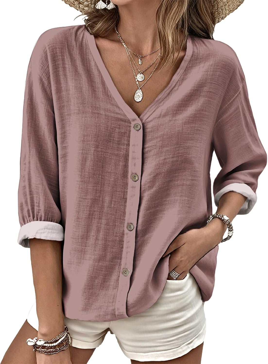 MARSVOVO V Neck Shirts for Women Lightweight Decorative Button 3/4 Sleeve Blouses Comfy Casual Business Flowy Top