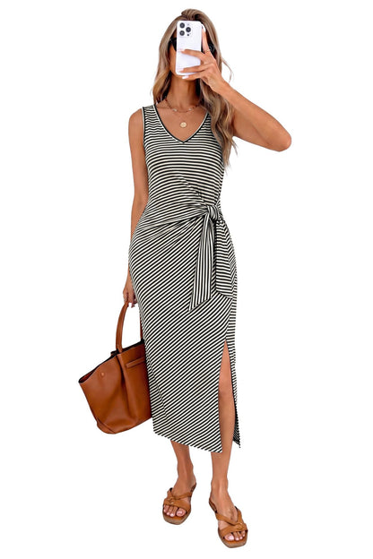 OFEEFAN Summer Dresses for Women 2026 V Neck Sleeveless Casual Dress Elegant Work Long Midi Dresses for Women Tie Waist