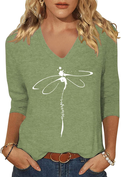 Womens V Neck Flowers Shirts Boho Floral Printed T-Shirt Vintage Graphic Tee Summer Casual Cute 3/4 Sleeve Tops