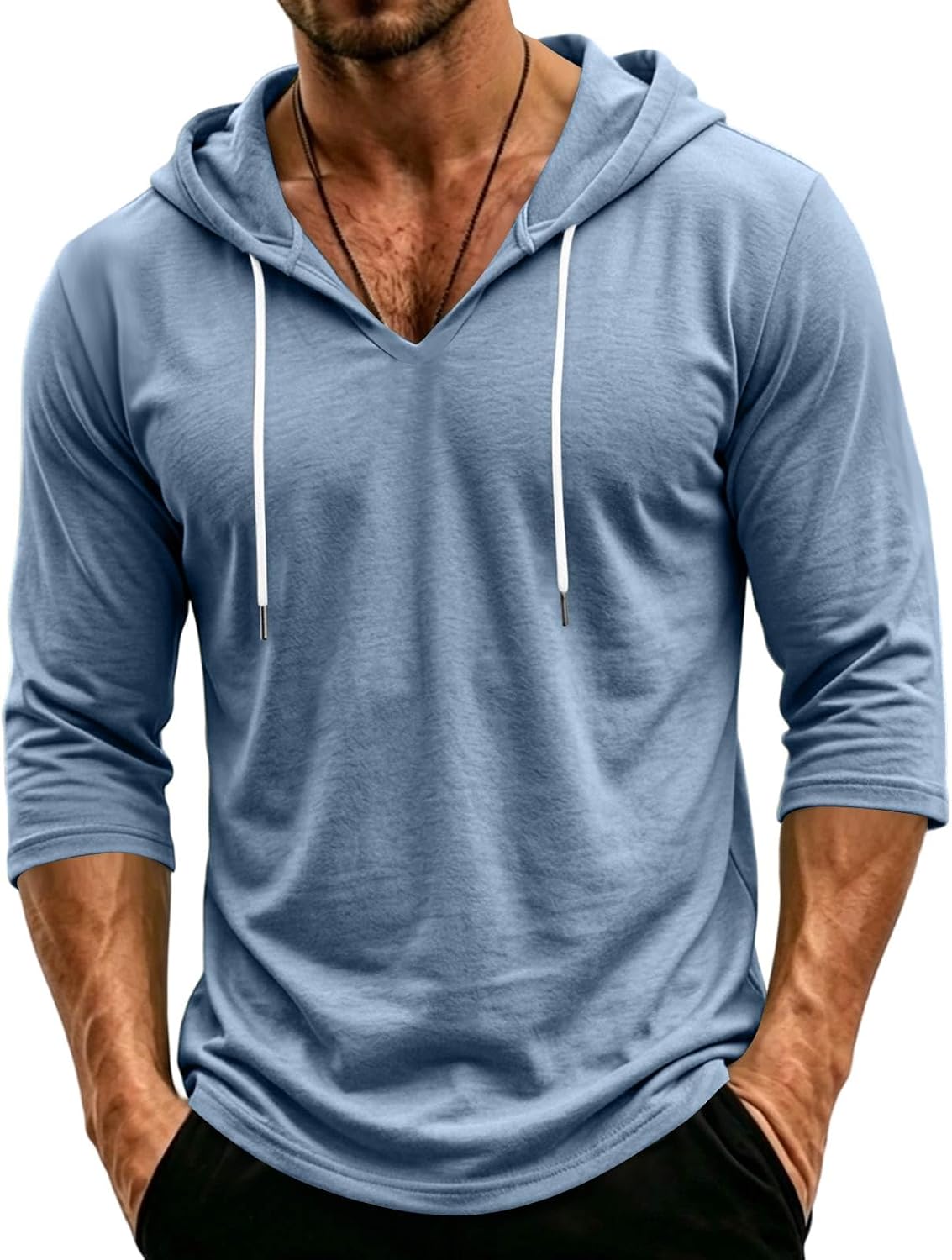Mens Hooded 3/4 Sleeve Pullover Relaxed Fit Casual Lightweight Comfort Top